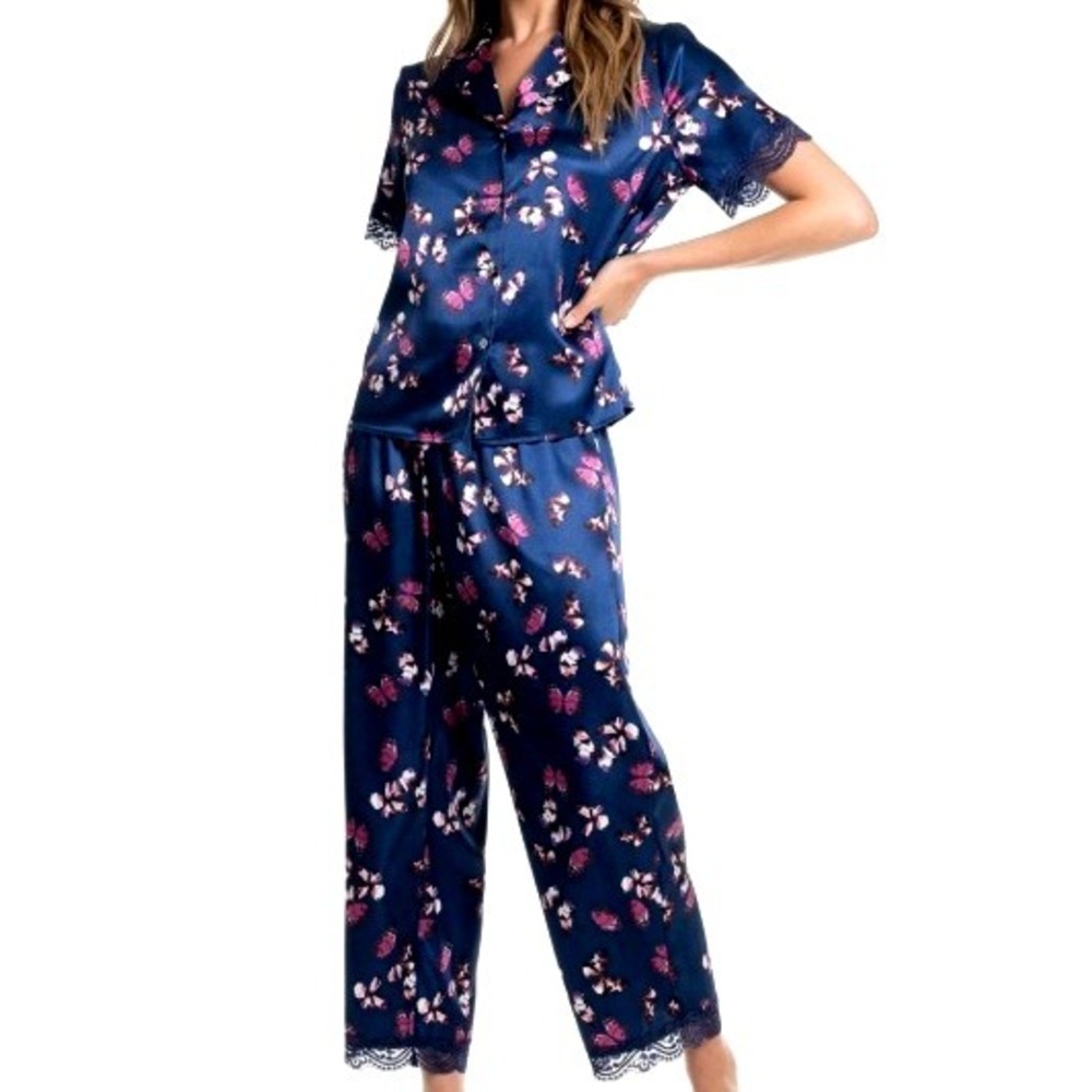 IN BLOOM BY JONQUIL Womens Large Satin Navy Blue Purple Butterfly Pajama Set PJs